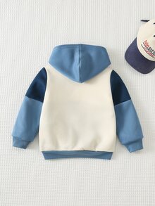 Cozy Pixies 兒童小男孩休閒日常舒適拼色拼接連帽套頭長袖針織秋季衛衣 - 藍色 - 查看 3