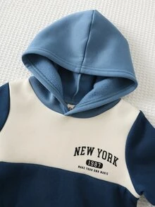 Cozy Pixies 兒童小男孩休閒日常舒適拼色拼接連帽套頭長袖針織秋季衛衣 - 藍色 - 查看 4