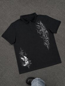 Manfinity EMRG Men's Angel Print Short Sleeve Casual Commute Polo Shirt - Black - View 3