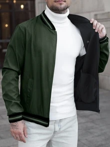 Manfinity CasualCool 男士春秋休閒時尚街頭風日常通勤配色拼接條紋飾邊前開拉鍊棒球夾克 - 軍綠色 - 查看 4