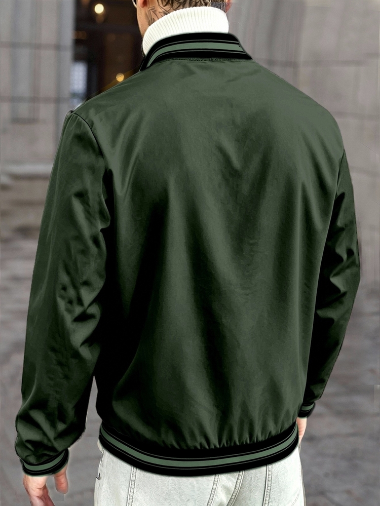 Manfinity CasualCool Men's Spring/Autumn Casual Fashion Street Style Daily Commute Color Block Striped Trim Zipper Front Baseball Jacket - Army Green - View 8