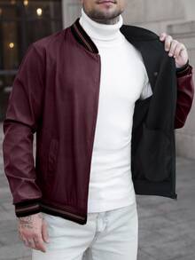 Manfinity CasualCool Men's Baseball Collar Zipper Casual Versatile Daily Travel Long Sleeve Jacket - Burgundy - View 6