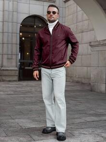 Manfinity CasualCool Men's Baseball Collar Zipper Casual Versatile Daily Travel Long Sleeve Jacket - Burgundy - View 3