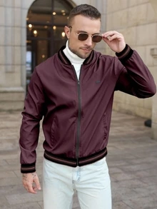 Manfinity CasualCool Men's Baseball Collar Zipper Casual Versatile Daily Travel Long Sleeve Jacket - Burgundy - View 5