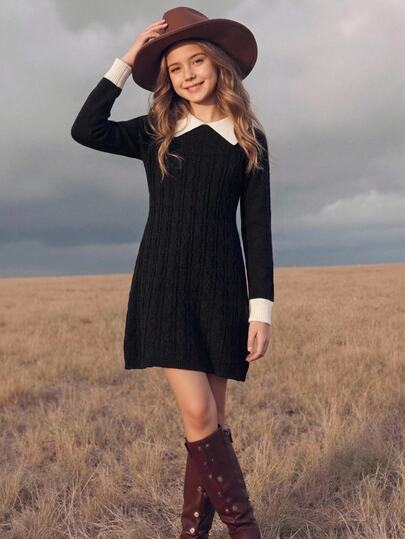 New Girls' White Collar Body With Diamond Pattern Casual Knit Black Dress, White Contrast Cuffs, Loose Fit, Suitable For Autumn/Winter, Daily Wear And Gatherings