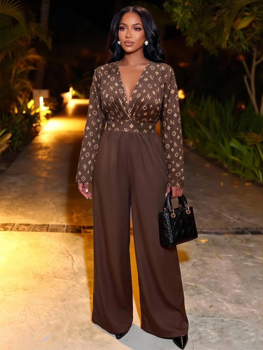 Zolique Jumpsuit Wanita Elegan Kerah V Blok Warna Gaya Old Money, Cocok untuk Kantor, Brunch dan Perjalanan Harian
