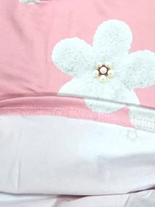 少女粉色與白色花卉印花T恤，珍珠花圖案圓領短袖休閒上衣，時尚學院風，適合日常穿著、度假、開學季、鄉村度假村 - 彩色 - 查看 4