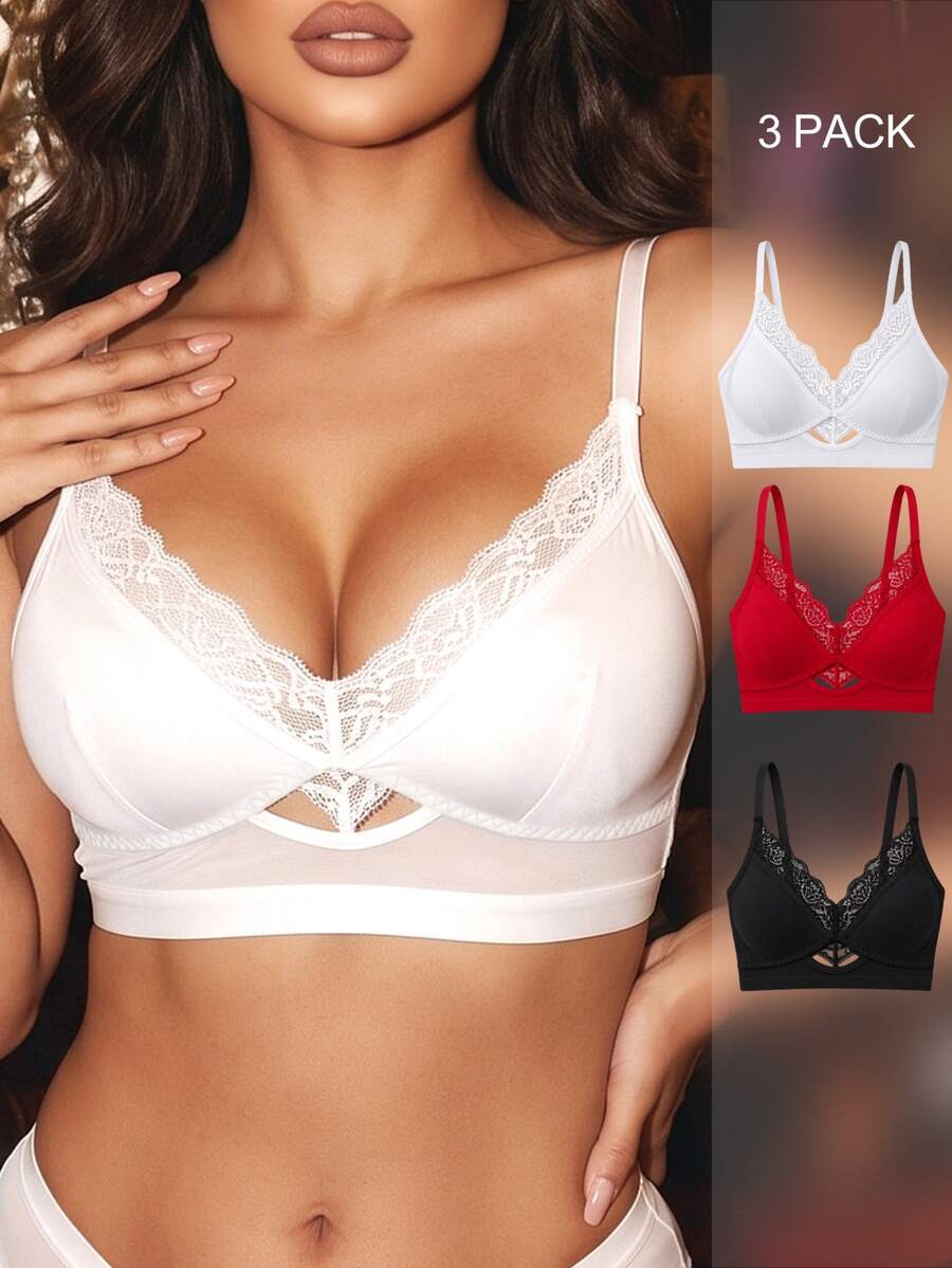 Divavoom 3pcs Romantic Lace Patchwork Triangle Cup Lingerie Set - Multicolor - View 1