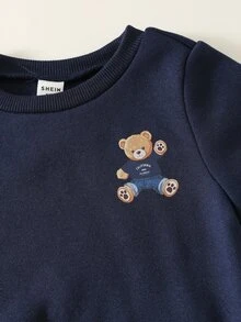 SHEIN 男女嬰兒/幼兒 3件組秋冬保暖內裡加厚可愛熊圖案運動衫套裝，嬰兒冬季上衣/運動衫，聖誕 - 藏蓝色 - 查看 6
