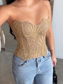 Dayanna Comas 優雅性感鼠尾草綠蕾絲束身衣塑形上衣 派對夜會夏季款 - 米色 - 查看 4