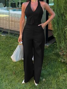Ronhire 女士黑色夏季性感时尚夜间外出V领露背无袖上衣和阔腿裤套装，亚麻两件套通勤套装，打造街头风造型 - 黑色 - 查看 3