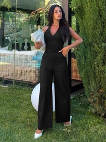Ronhire 女士黑色夏季性感时尚夜间外出V领露背无袖上衣和阔腿裤套装，亚麻两件套通勤套装，打造街头风造型 - 黑色 - 查看 1