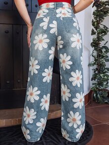 Lupita Cardoza 女款休閒日常牛仔褲，附口袋、鈕扣與花卉圖案 - 藍色 - 查看 2