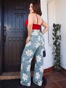 Lupita Cardoza 女款休閒日常牛仔褲，附口袋、鈕扣與花卉圖案 - 藍色 - 查看 5