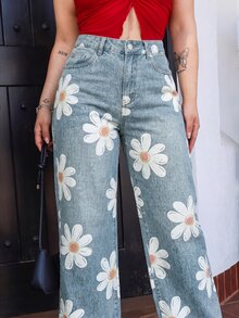 Lupita Cardoza 女款休閒日常牛仔褲，附口袋、鈕扣與花卉圖案 - 藍色 - 查看 3
