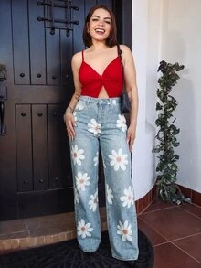 Lupita Cardoza 女款休閒日常牛仔褲，附口袋、鈕扣與花卉圖案 - 藍色 - 查看 6