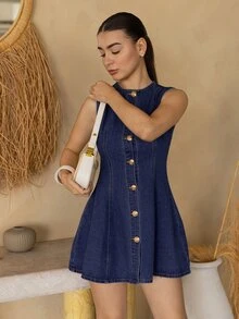 Andrea Bello 女式牛仔无袖迷你连衣裙，休闲修身，蓝色 - 深色水洗藍 - 查看 3