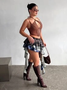 Dayanna Comas 不对称下摆拼布格子 A 字裙 - 黑與白 - 查看 4