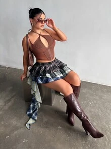 Dayanna Comas 不对称下摆拼布格子 A 字裙 - 黑與白 - 查看 5