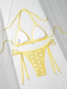 Costavie Swim Mod 兩件式比基尼套裝，春夏季海灘度假，心形亮片紋理面料配珍珠裝飾，掛脖三角內衣與側綁比基尼褲，性感比基尼套裝 - 彩色 - 查看 2