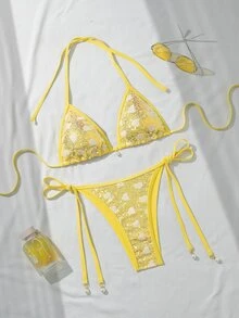 Costavie Swim Mod 兩件式比基尼套裝，春夏季海灘度假，心形亮片紋理面料配珍珠裝飾，掛脖三角內衣與側綁比基尼褲，性感比基尼套裝 - 彩色 - 查看 6