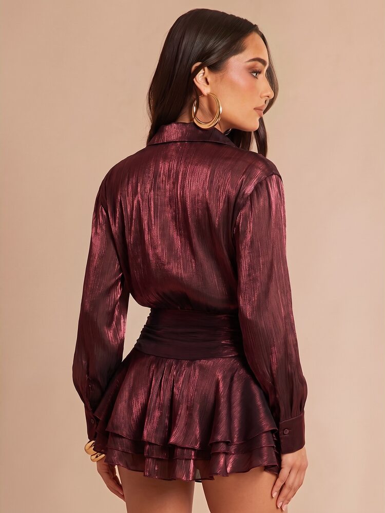 Silquee Elegant Dark Red Shirt Dress In A Lustrous Fabric With Ruffle Detailing. Vacation Hallowee Christmas Festival Party Dresses Graduation - Brown - View 3