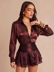 Silquee Elegant Dark Red Shirt Dress In A Lustrous Fabric With Ruffle Detailing. Vacation Hallowee Christmas Festival Party Dresses Graduation - Brown - View 3