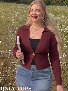 SHEIN MOD Plus Size Women's Long Sleeve Metal Single Button Casual Knit Cardigan - Brown - View 8