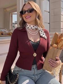 SHEIN MOD Plus Size Women's Long Sleeve Metal Single Button Casual Knit Cardigan - Brown - View 6