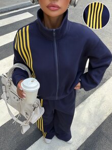 Muchica 海軍藍與黃色對比織帶針織女款運動衫與運動褲2件套運動套裝，適合日常通勤、街頭穿搭、聚會、秋冬春夏、聖誕節、新年、感恩節、派對、畢業典禮、優雅、外出、約會、通勤、情人節、Y2K、畢業典禮及其他場合 - 藏蓝色 - 查看 6