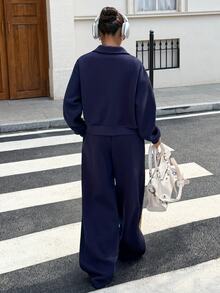Muchica 海軍藍與黃色對比織帶針織女款運動衫與運動褲2件套運動套裝，適合日常通勤、街頭穿搭、聚會、秋冬春夏、聖誕節、新年、感恩節、派對、畢業典禮、優雅、外出、約會、通勤、情人節、Y2K、畢業典禮及其他場合 - 藏蓝色 - 查看 2