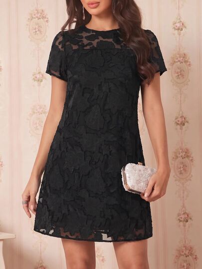 Amorya Women's Elegant Mature High-End Waist-Cinching Slimming 3D Floral Fitted Midi Dress Suitable For Daily Wear Night Dinner Party Vacation Summer Black