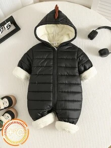 SHEIN 男女通用新生兒嬰兒/幼兒秋冬配色拼接加厚可愛恐龍設計連身衣，冬季連身衣，抓絨，加厚，萬聖節 - 黑色 - 查看 8