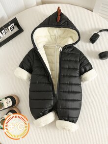 SHEIN 男女通用新生兒嬰兒/幼兒秋冬配色拼接加厚可愛恐龍設計連身衣，冬季連身衣，抓絨，加厚，萬聖節 - 黑色 - 查看 3