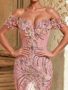 Aureia Elegantes Social-Kleid mit Perlen, Pailletten und 3D-Blumen, Off-Shoulder, Meerjungfrau-Schnitt, für Events, Urlaub, Galas, formelle Anlässe (stark verziert), Party, Hochzeit - Altrosa - Übersicht 2