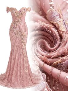 Aureia Elegantes Social-Kleid mit Perlen, Pailletten und 3D-Blumen, Off-Shoulder, Meerjungfrau-Schnitt, für Events, Urlaub, Galas, formelle Anlässe (stark verziert), Party, Hochzeit - Altrosa - Übersicht 10
