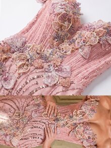 Aureia Elegantes Social-Kleid mit Perlen, Pailletten und 3D-Blumen, Off-Shoulder, Meerjungfrau-Schnitt, für Events, Urlaub, Galas, formelle Anlässe (stark verziert), Party, Hochzeit - Altrosa - Übersicht 9