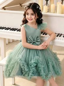 SHEIN Glamorique Kids 女童網紗不對稱單肩亮片公主裙 秋冬款 - 綠色 - 查看 4