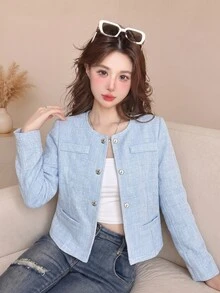 Tideelle Korean Style Button Fashion Long Sleeve Tweed Jacket - Blue - View 3