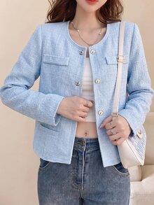 Tideelle Korean Style Button Fashion Long Sleeve Tweed Jacket - Blue - View 6