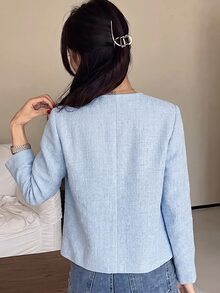 Tideelle Korean Style Button Fashion Long Sleeve Tweed Jacket - Blue - View 2