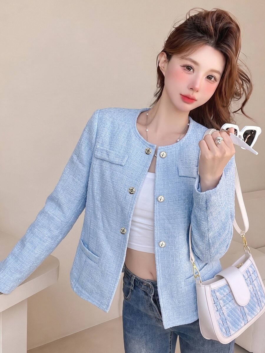 Tideelle Korean Style Button Fashion Long Sleeve Tweed Jacket - Blue - View 1