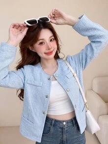 Tideelle Korean Style Button Fashion Long Sleeve Tweed Jacket - Blue - View 4