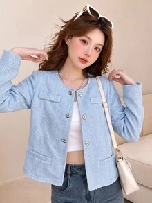 Tideelle Korean Style Button Fashion Long Sleeve Tweed Jacket - Blue - View 5