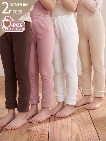 2pcs/Set Girls Casual Elegant Fleece Lined Warm Heart Embroidery One-Piece Leggings, Autumn/Winter