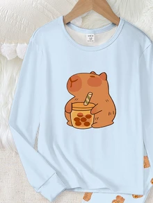 Tween Girls Pajama Set,Cute Capybara Bubble Tea Print Snug Fit 2-Piece Winter Sleepwear,Light Blue Long Sleeve Crew Neck Top & Pants Comfortable Set - Blue - View 3