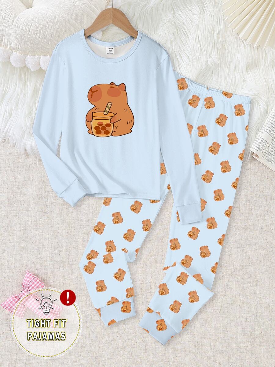 Tween Girls Pajama Set,Cute Capybara Bubble Tea Print Snug Fit 2-Piece Winter Sleepwear,Light Blue Long Sleeve Crew Neck Top & Pants Comfortable Set - Blue - View 1