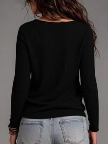 LUMIGAL Brown Vertical Ribbed Knit Drape Cowl Neck Long Sleeve Slim Fit Top, Front Pleated Design, Elegant Fashion Layering Style, French Chic Commute Look, Suitable For Office, Commuting, Dating, Inner Layering, Daily Wear And Street Style, Spring/Autumn Women's Knit Top - Black - View 2