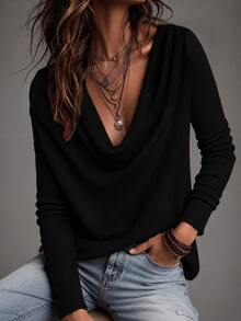 LUMIGAL Brown Vertical Ribbed Knit Drape Cowl Neck Long Sleeve Slim Fit Top, Front Pleated Design, Elegant Fashion Layering Style, French Chic Commute Look, Suitable For Office, Commuting, Dating, Inner Layering, Daily Wear And Street Style, Spring/Autumn Women's Knit Top - Black - View 4