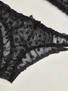 Lowkey Lull Polka Dot Mesh Frill Trim Sexy Bra & Panty Lingerie Set - Black - View 4